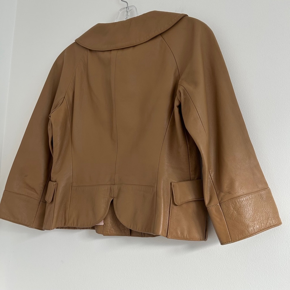 VINTAGE 100% Leather Nine West Cropped Peter Pan Collar Beige Jacket Size XS - Picture 14 of 15